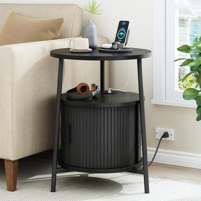 ONBRILL Round Side Table with Storage, Fluted Nightstand with Charging Station, Small Mid-Century Modern Bedside Tables, Black End Tables for Small Space Living Room Bedroom Sofa Couch