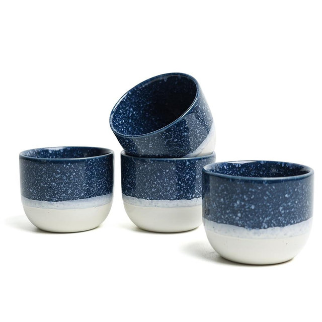 KERMANDO Set of 4 Ceramic Espresso Cups-4 oz, Blue & White Summer Coastline Design, Ideal for Espresso, Coffee, Tea, & More,Small Ceramic Coffee Mugs, Dishwasher & Microwave Safe