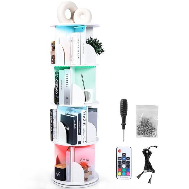 Luminous 4-Tier Revolving Bookshelf with LED Lights – Modern 360° Spinning Bookshelf Tower with Remote Control for Everyone | Space Saving Ideal for Any Room – Available in Black & White