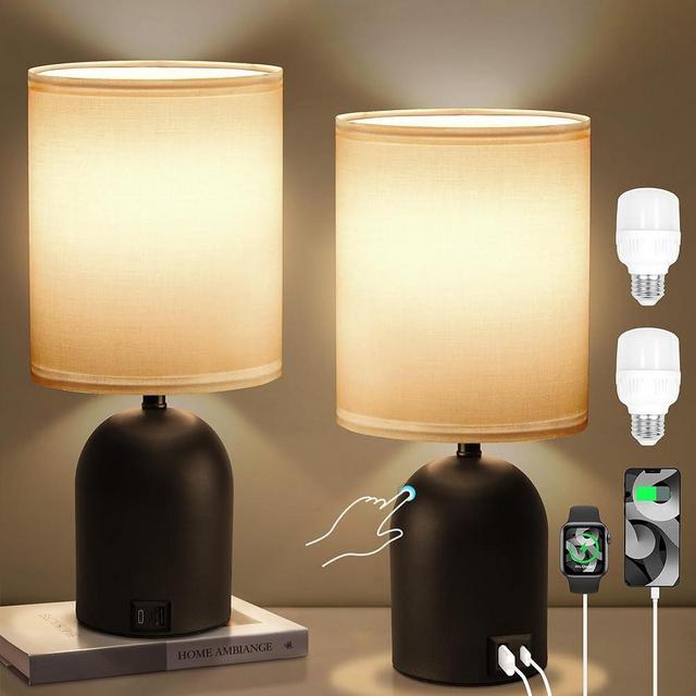 Fttoyoly Bedside Black Table Lamps Set of 2 for Bedroom, 3 Way Dimmable Touch Nightstand Lamp with USB C and A Ports Small Table Desk Lamp for Bedroom, Reading Room, Office, Dorm Black/White