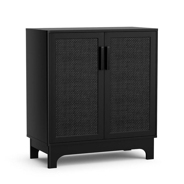 Skokliz Black Rattan Cabinet, Natural Rattan Storage Cabinet with 2 Doors Adjustable Shelf Large Space Entryway Hallway Sideboard Buffet for Living Room Kitchen
