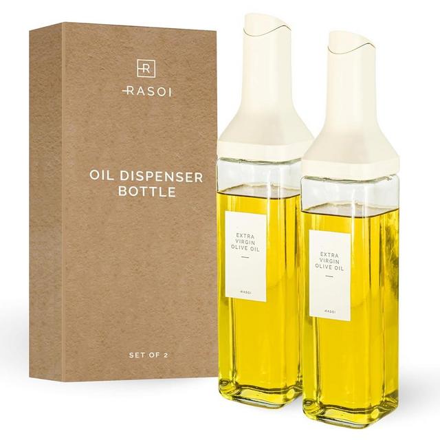 RASOI Oil Dispenser Bottles – Oil and Vinegar Dispenser Set for Kitchen - Glass Oil Dispenser with Automatic Pouring Lid Drip-Free Spout – Olive Oil Dispenser Bottle of 16.9oz/500ml - Set of 2
