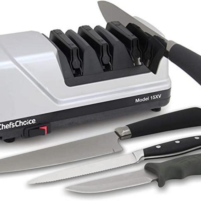 Chef’sChoice 15 Trizor XV EdgeSelect Professional Electric Knife Sharpener for Straight and Serrated Knives Diamond Abrasives Patented Sharpening System Made in USA, 3-Stage, Gray