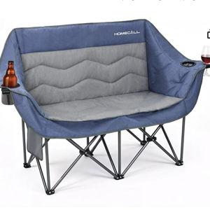 Double Camping Chair for Adults - Heavy Duty Folding Loveseat Support 700 lbs, 2 Person Padded Camping Couch Portable with Cup Holders & Storage Bag for Camping, Lawn, Sports, Blue