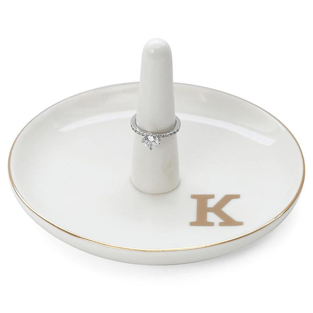 HOME SMILE Initials Ring Holder Jewery Tray with personalized K-Monogrammed Engagement Gifts for Friends,Birthday Mother's Day Christmas Gifts for Women,Ceramic White