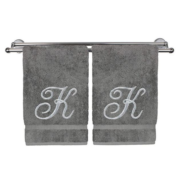 Monogrammed Hand Towel, Personalized Gift, 16 x 30 Inches - Set of 2 - Silver Embroidered Towel - Extra Absorbent 100% Turkish Cotton- Soft Terry Finish - for Bathroom, Kitchen and Spa- Script K Gray