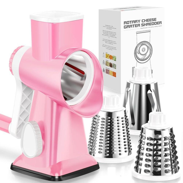 KEOUKE Rotary Cheese Grater Hand Crank Pink - Shredder Slicer Grinder 3 Stainless Steel Blades, Stable Suction, Labor-Saving Handle, Safe Kitchen Tool for Cheese, Vegetable, Nuts, Chocolate