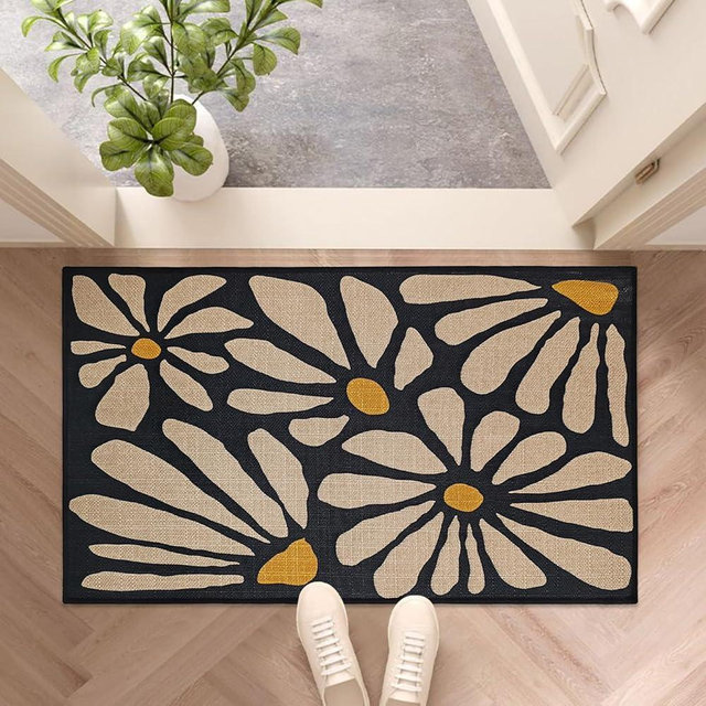 Denifeiya Black Floral Door Mat Funny Cartoon Outdoor Indoor Welcome Mats Cute Front Doormat Non Slip Entrance Rugs for Inside Outside Entry Porch Bathroom Mats 17" x 30" Easy to Clean