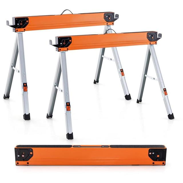 Goplus 2 Pack Folding Saw Horses, Folding Portable Saw Horses with 1100 LBS Load Capacity, Anti-slip Surface, Non-slip Feet, Timber Hooks, Premium Metal Saw Horse Work Table for Wood Cutting