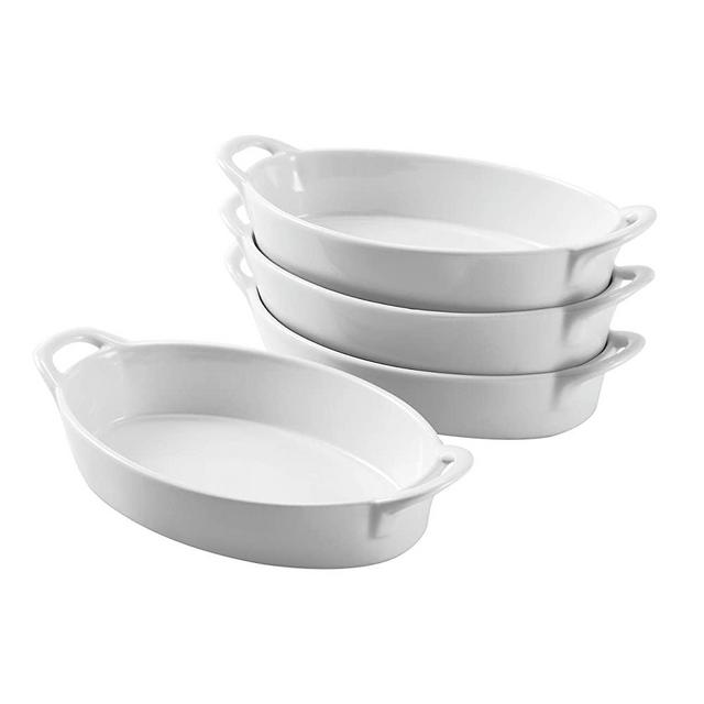 Bruntmor Set of 4 Oval Au Gratin Baking Dishes, Lasagna Pan, Porcelain Bakeware Ideal for Creme Brulee easy cary handles nice table Serving dish, White