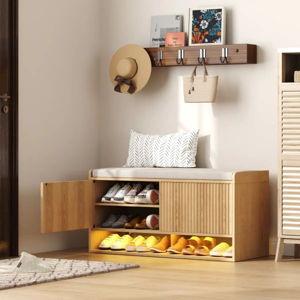 39.4In Shoe Bench With Storage And Led Light - Natural Wood