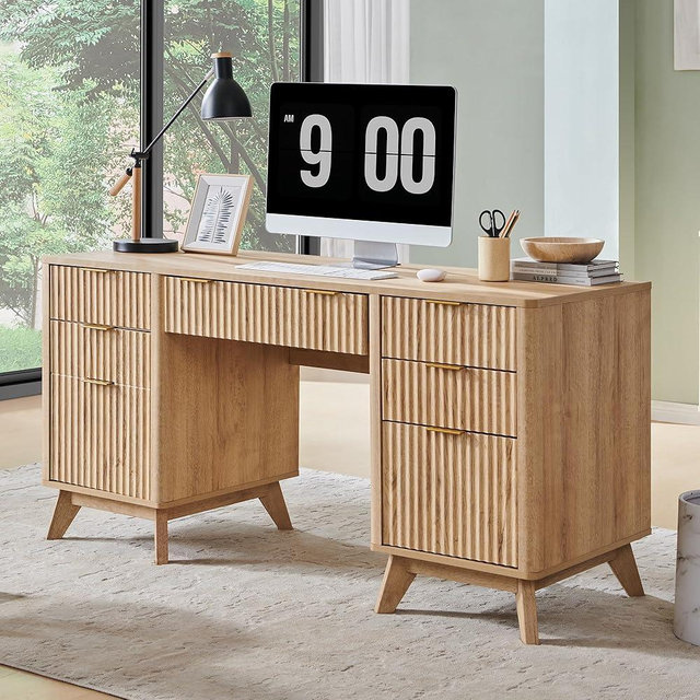 T4TREAM 60'' Fluted Executive Desk with Drawers, Modern Home Office Computer Desk with Charging Station, Keyboard Tray, File Drawer and Storage Cabinet for Study, Living Room, Bedroom, Natural Oak