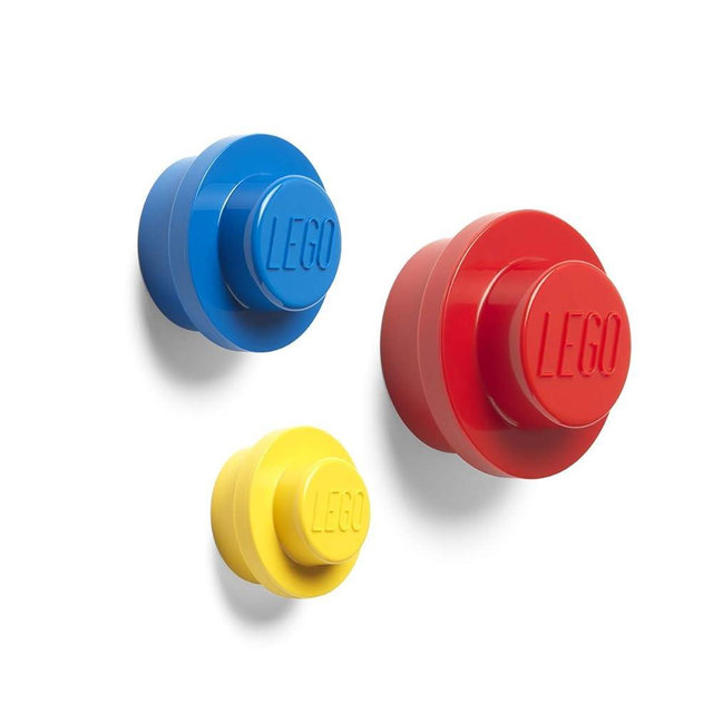 Room Copenhagen, Lego Wall Hanger Set - Decorative Playroom Utility Hooks - Yellow/Red/Blue