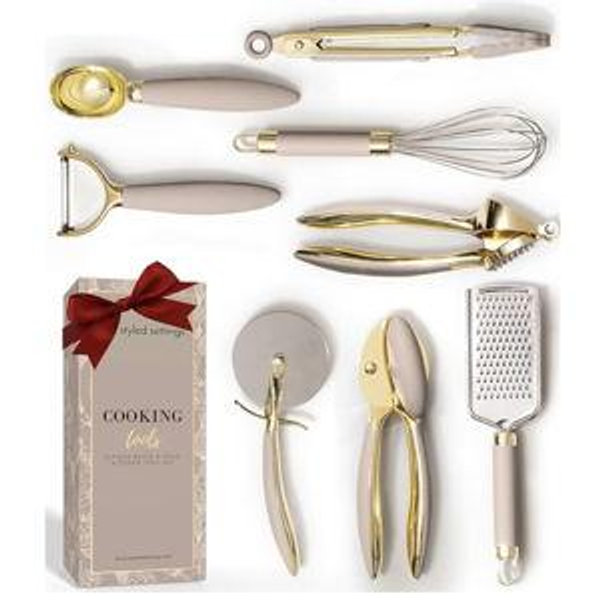 Gold and Beige Kitchen Utensils Set – 8 PC Cooking Gadgets with Mini Gold Whisk and Tongs, Pizza Cutter, Garlic Press, Cheese Grater, Peeler, Can Opener, Scoops – Stylish Beige Kitchen Accessories