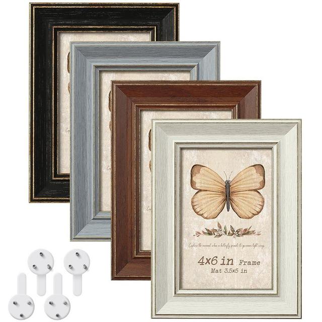 4x6 Picture Frames Set of 4, Rustic Farmhouse Photo Frame with Tempered Glass, Distressed Vintage Frame Bulk 3.5x5 With Mat and 4x6 Without Mat for Wall Mount or Tabletop Display, Home Office Gift