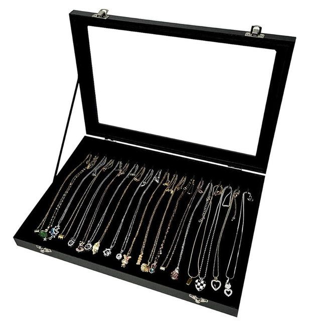 GISK Black Velvet 20 Hooks Necklace Organizer Box with Clear Lid Necklaces Holder Storage Display Tray for Drawer Organization for Women Girls