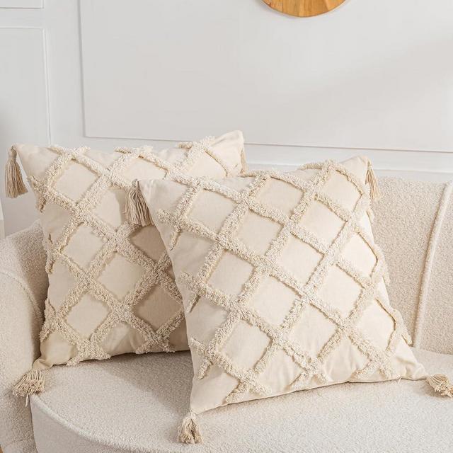 HUAGUOGUO Set of 2 Boho Throw Pillow Covers, 18x18 inch Farmhouse Decorative Pillow Cover with Tassels, Square Soft Plush Cushion Pillowcase for Living Room Sofa RV Bedroom, Beige