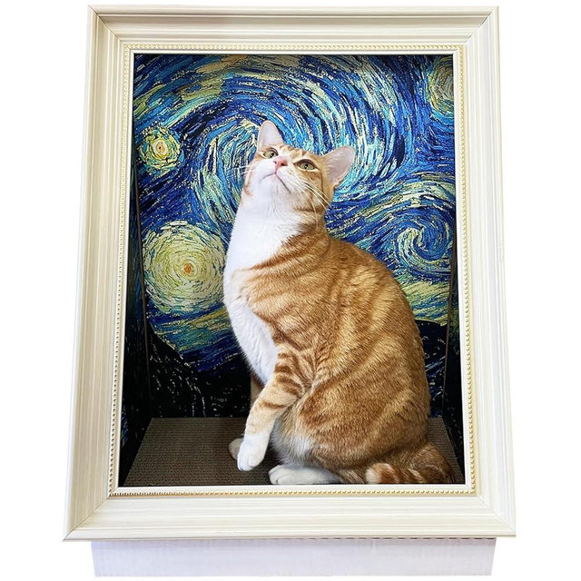 Painting Cat Scratcher for Indoor Cat Scratching Board Pad, W/Horizontal CartBoard Cat Scratcher Bed House Half-Surround Design W/Catnip (The Star Night, Medium - Large)