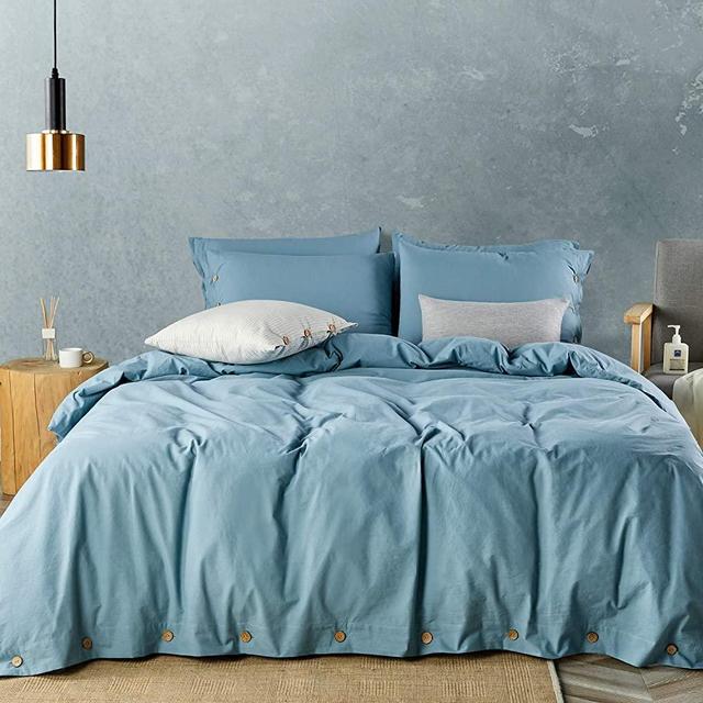 JELLYMONI Grayish Blue 100% Washed Cotton Duvet Cover Set, 3 Pieces Luxury Soft Bedding Set with Buttons Closure. Solid Color Pattern Duvet Cover Full Size(No Comforter)