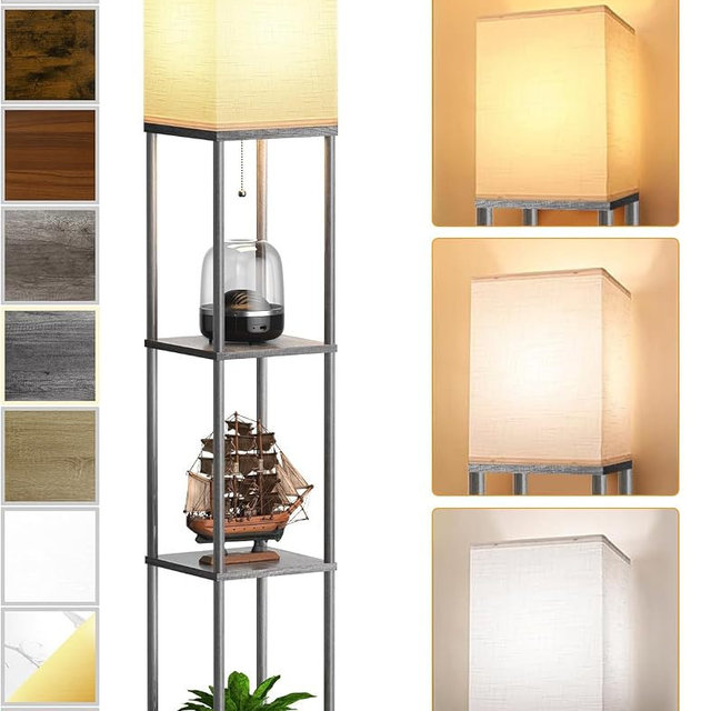 Floor Lamp with Shelves for Living Room, Shelf Floor Lamp with 3 CCT LED Bulb, Corner Display Standing Column Lamp Etagere Organizer Tower Nightstand with White Linen Shade for Bedroom, Dark Gray