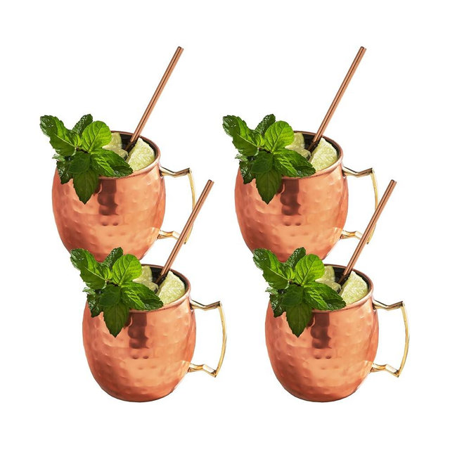 Sol Living Moscow Mule Mugs Set of 4, 14 oz Stainless Steel Lining Copper Cups Handcrafted Barware Set for Cocktails Mixed Drinks Bar Accessories Gift Set Hammered Finish Mugs Perfect for Cold Drinks