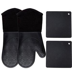 HOMWE - Homwe Silicone Oven Mitts and Potholders (4-Piece Sets), Kitchen Counter Safe Trivet Mats | Advanced Heat Resistant Oven Mitt, Non-Slip Textured Grip Pot Holders(Black)