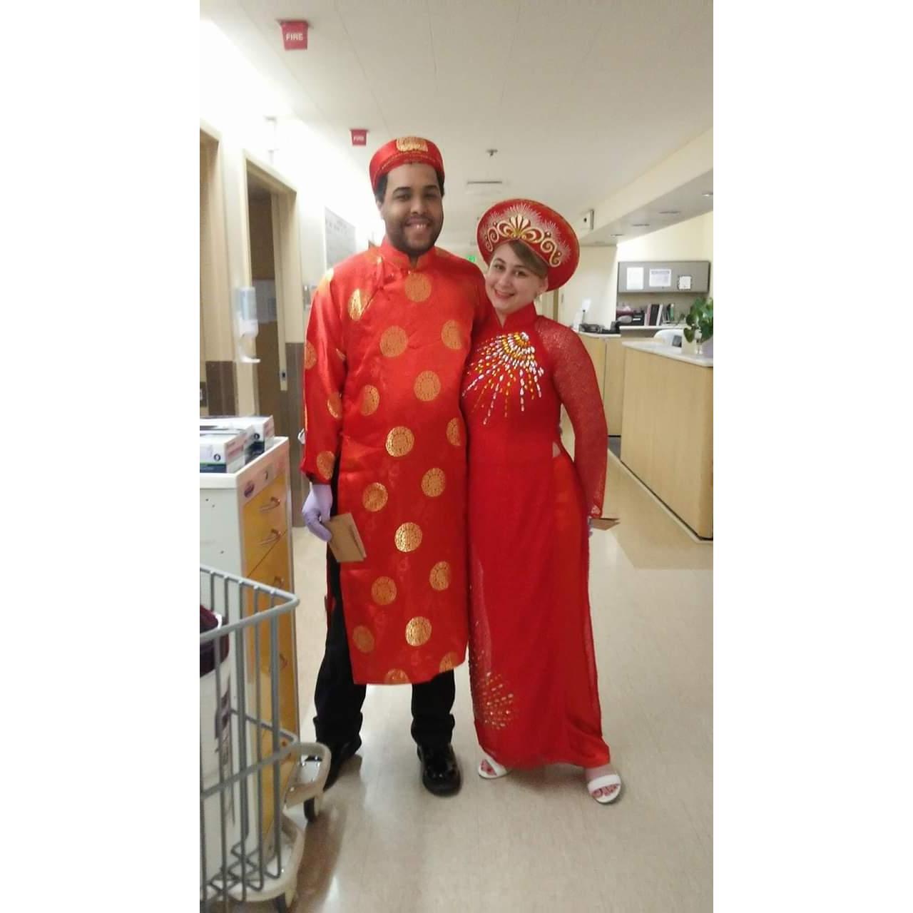 We did a mini ceremony in traditional Vietnamese wedding attire for his grandma in the hospital so she wouldn't worry about not being there for the wedding. This was an idea he brought to me