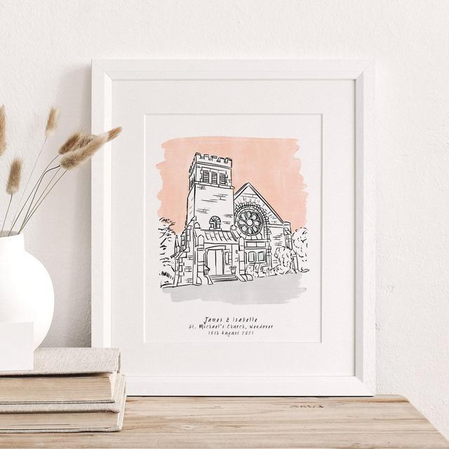 Bespoke Illustrated Wedding Venue Illustration, Wall Art Print, Wedding Valentines Gift, Personalised Sketch, Customised Hand Drawn Art