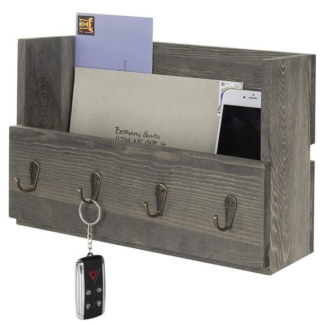 MyGift Rustic Gray Wood Wall Mounted Mail Holder Organizer with 4 Key Hooks