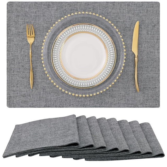homing Cotton Linen Placemats Set of 8, Cloth Washable Farmhouse Dining Table Mats for Indoors & Outdoors, Easy to Clean, Dark Grey, 13 x 19 Inch