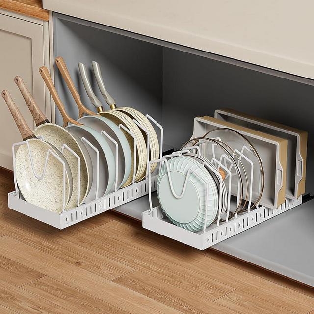 GoMaihe Pull-out Pots and Pans Organizer 2 Pack - Under Cabinet Pot Lid Holder for Kitchen - Bakeware & Dishes Storage Rack with Slide Rails - Multi-purpose Silde-out Drawer - Easy to Clean - White