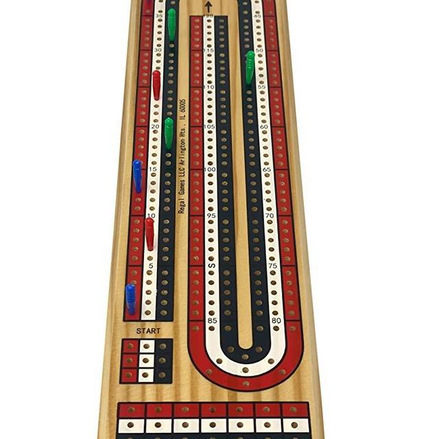 Regal Games - Cribbage Board - Fun, Family-Friendly Board Game - Includes Natural Wood Game Board (11" x 4.5" x 2.75"), 6 Multi-Colored Pegs - Ideal for 2-4 Players - Ages 8+