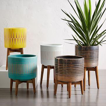 Mid-Century Wide Black/Gold Turned Wood Leg Planters - Patterned