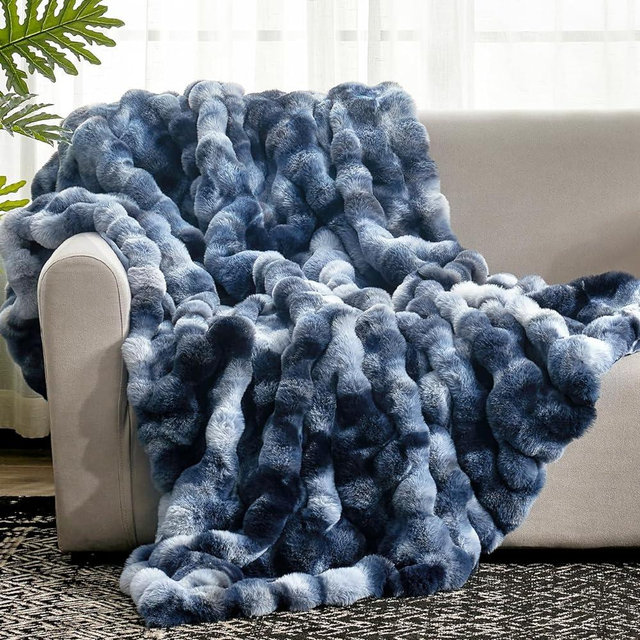 Cozy Bliss Faux Fur Throw Blanket for Couch, Fuzzy Soft Plush Thick Bubble Blanket for Sofa Bedroom Living Room, 50 * 60 Inches Tie-dye Blue