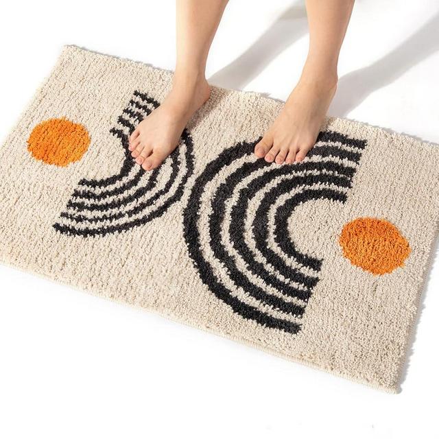 DBJOY Boho Bathroom Rugs Non-Slip Abstract Bath Rugs Microfiber Cute Mat Black Washable for Tube/Washbasin/Toilet (Beige-A, 16"x24")