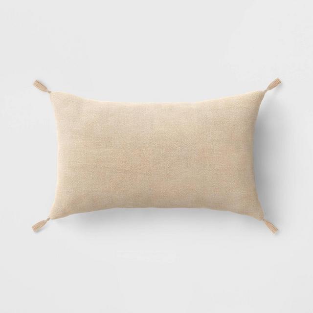12"x20" Washed Linen Lumbar Throw Pillow with Tassels Neutral - Threshold™