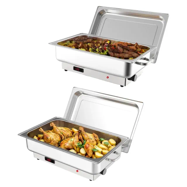 2-pack electric chafing dish set, 9QT servers; stainless steel with 1 full-size and 2 half-size pans, temperature control for weddings and parties.