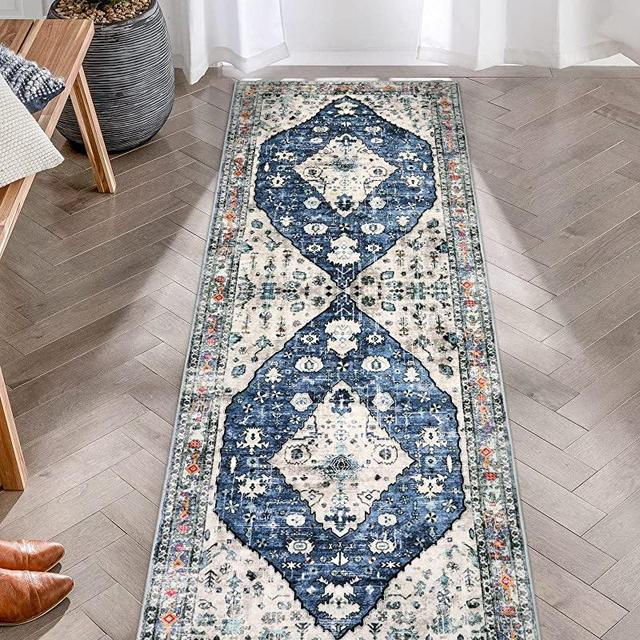 Lahome Boho Tribal Runner Rug - 2x6 Persian Kitchen Rug Runner for Living Room Entryway Mat, Turkish Soft Washable Non Slip Throw Office Carpet Runner for Gift Bathroom Sunroom Mudroom Foyer, Blue