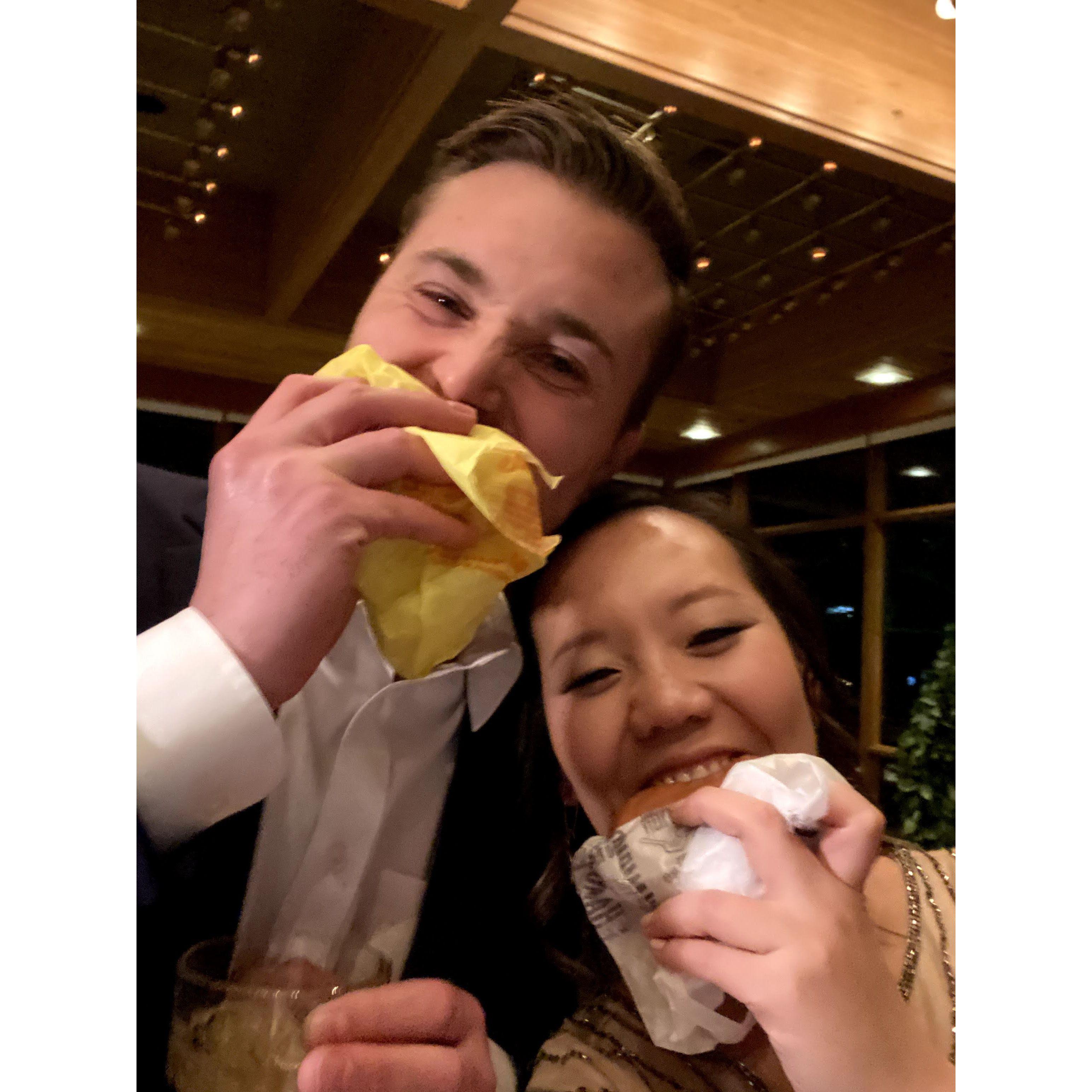 crushing burgers at midnight on NYE for Sunny + Frank's wedding