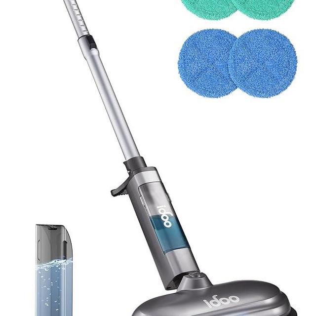iDOO Electric Mop, Dual-Motor Electric Spin Mop with Sprayer and LED Headlight, Cordless Electric Mop for Floor Cleaning, Powerful Floor Cleaner Floor Scrubber with Transparent Water Tank & Mop Pads