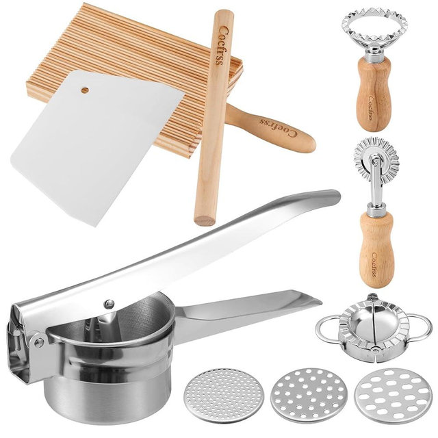 7 Pcs Potato Ricer & Gnocchi Board Kit with Dough Scraper, Ravioli Cutter, Empanada Press, Round Ravioli Mold, Ravioli Rolling Pin, Stainless Steel Ricer for Mashed Potatoes (Gnocchi Board Set)