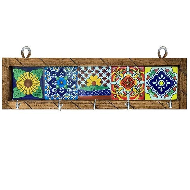 Mexican Fiesta Designs- Talavera Key Holder w/ Colorful Tiles & Metal Hooks- 5 Different Mexican Styles - Talavera Wall Art - Mexican Home Decor - Portallaves de Casa Multi 5 Azulejos