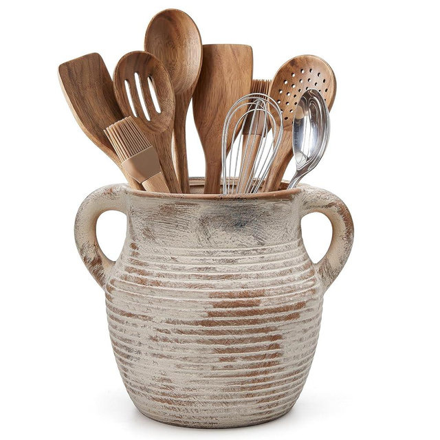 CWFutwell Rustic Utensil Holder for Kitchen Counter - Large Ceramic Farmhouse Cooking Utensil Crock & Organizer for Spatula, Spoon - Vintage Kitchen Decor (Taupe)