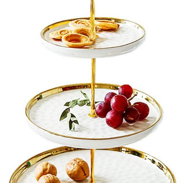 CofeLife 3 Tier Ceramic Cake Stand - Elegant Dessert Cupcake Stand - Pastry Serving Tray Platter for Tea Party, Wedding and Birthday (White Gold)