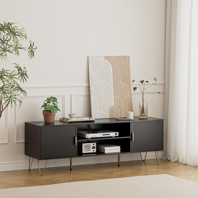 Acodaiuy TV Stand for 55 60-inch TV, Entertainment Center with Soft Hinge Door,TV Console with 2 Cabinets with Gold Handle and Feet,for Living Room, Bedroom, Office,Black