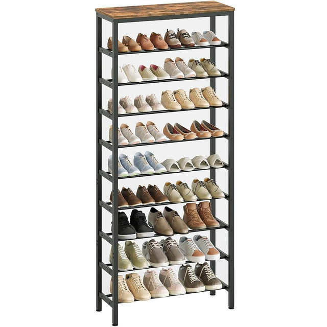YATINEY 10 Tier Tall Shoe Rack, Large-Capacity Shoe Storage Organizer, Free Standing Shoe Shelf for Closet, Adjustable Metal Shoe Racks Organizer for 40 Pairs of Shoes, Rustic Brown and Black SS70BR