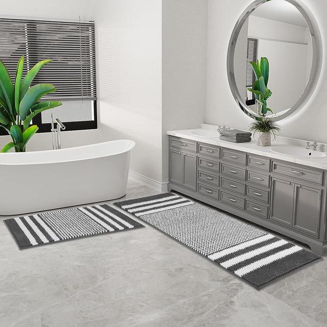 Tindbea Bathroom Rugs Set 2 Piece, Extra Soft and Absorbent Fluffy Striped Chenille Bath Mat Rug Set, Non Slip Bathroom Floor Mat, Machine Washable (21" x 59" Plus 20" x 32", Dark Gray)