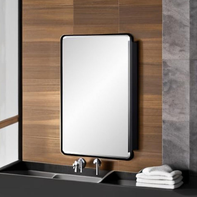 Black Bathroom Mirror Medicine Cabinet with Round Corner Framed Door and Beveled Edge Mirror 15 x 25 inch, Recessed or Surface Mount, with Adjustable Glass Shelves