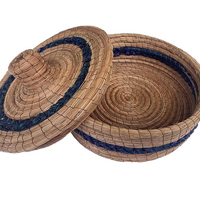 JOSE ARTESANO Pine Needle (Ocoxal) Large Tortilla Warmer, 9.8 IN x 9.8 IN x 5.5 IN, Rustic Tortillero With Blue Braid, Natural, Handcrafted In Mexico, 100% Sustainable, Organic And Vegan