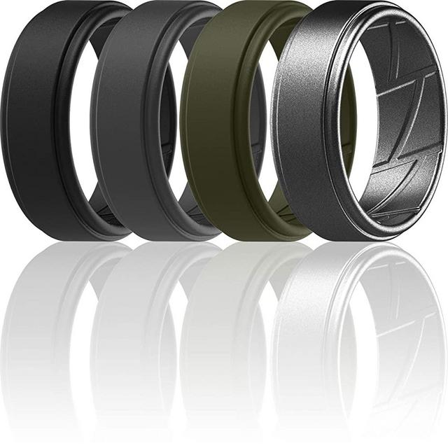 ThunderFit Silicone Wedding Rings for Men Breathable Airflow Inner Grooves - Step Edge Sleek Design Breathable Rubber Engagement Bands - 8mm wide - 2mm Thick